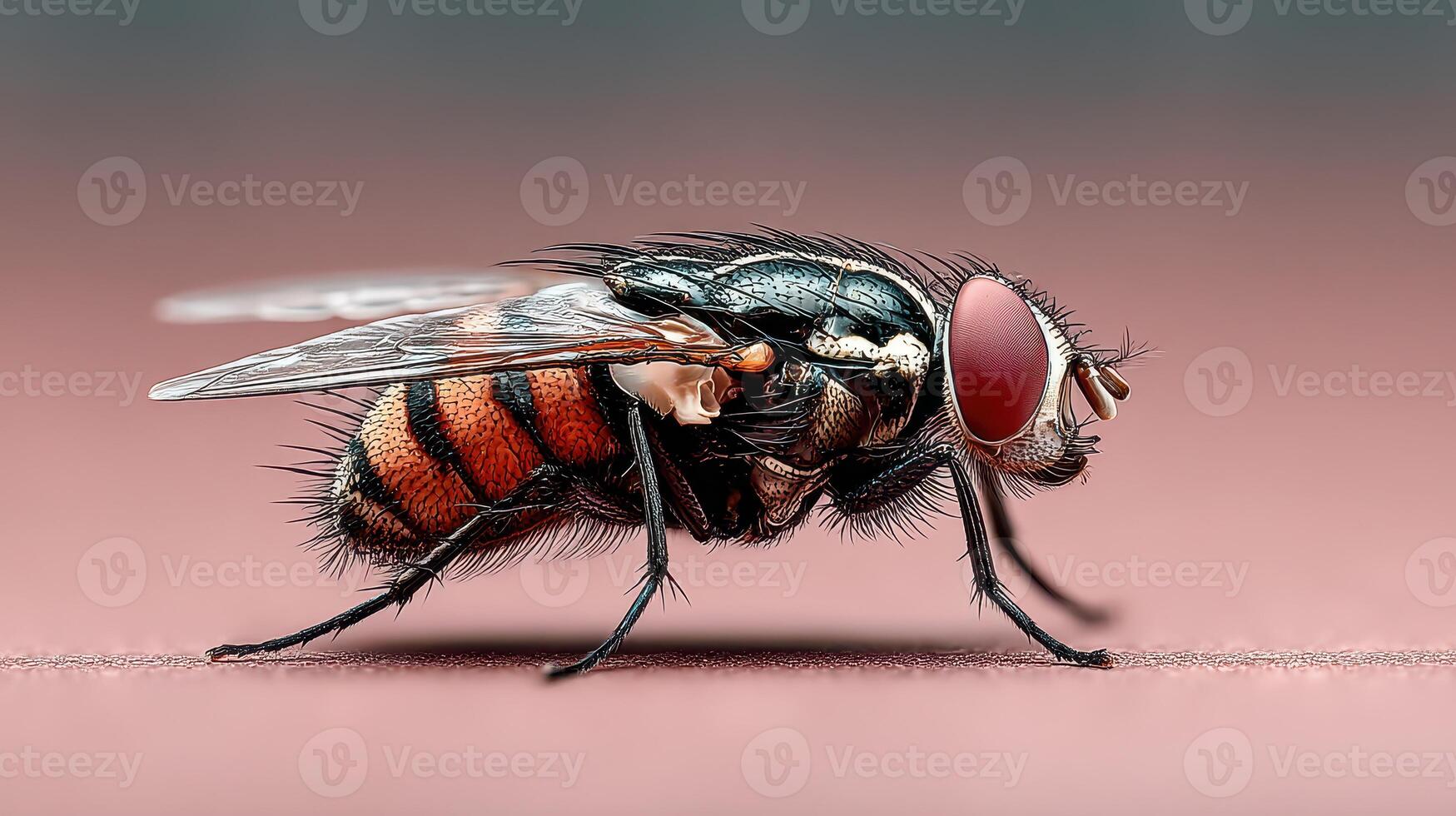 Detailed close-up of a fly with striking red striped body features against a soft background photo