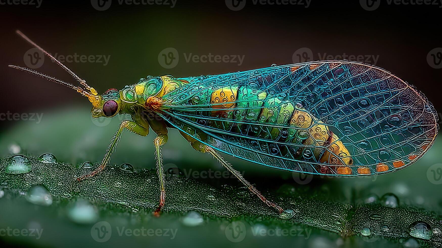 Colorful insect perched on a green leaf illuminated by water droplets in a natural setting during daylight photo