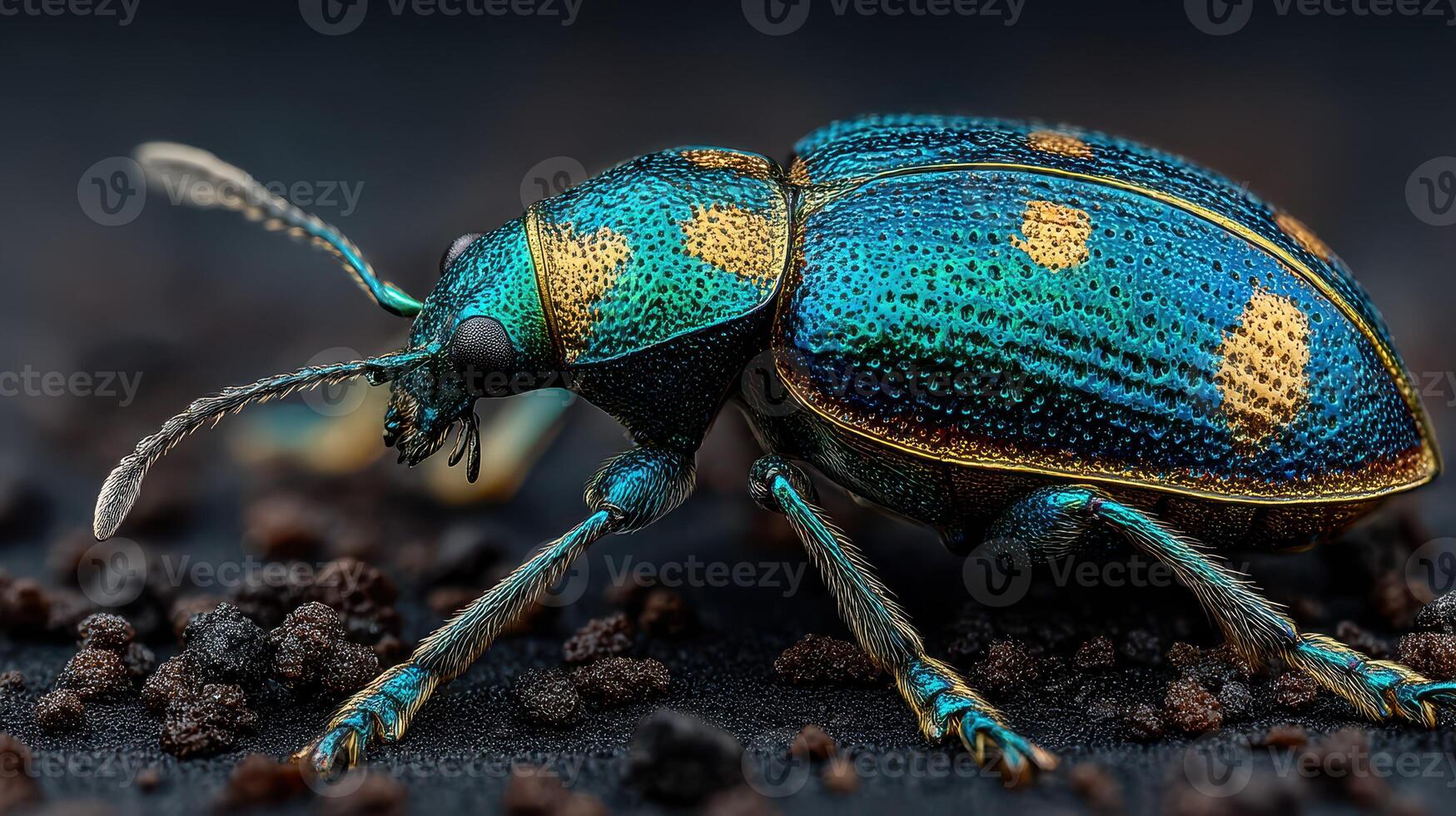 Colorful beetle crawling on dark soil in a close-up view during daylight hours in nature photo
