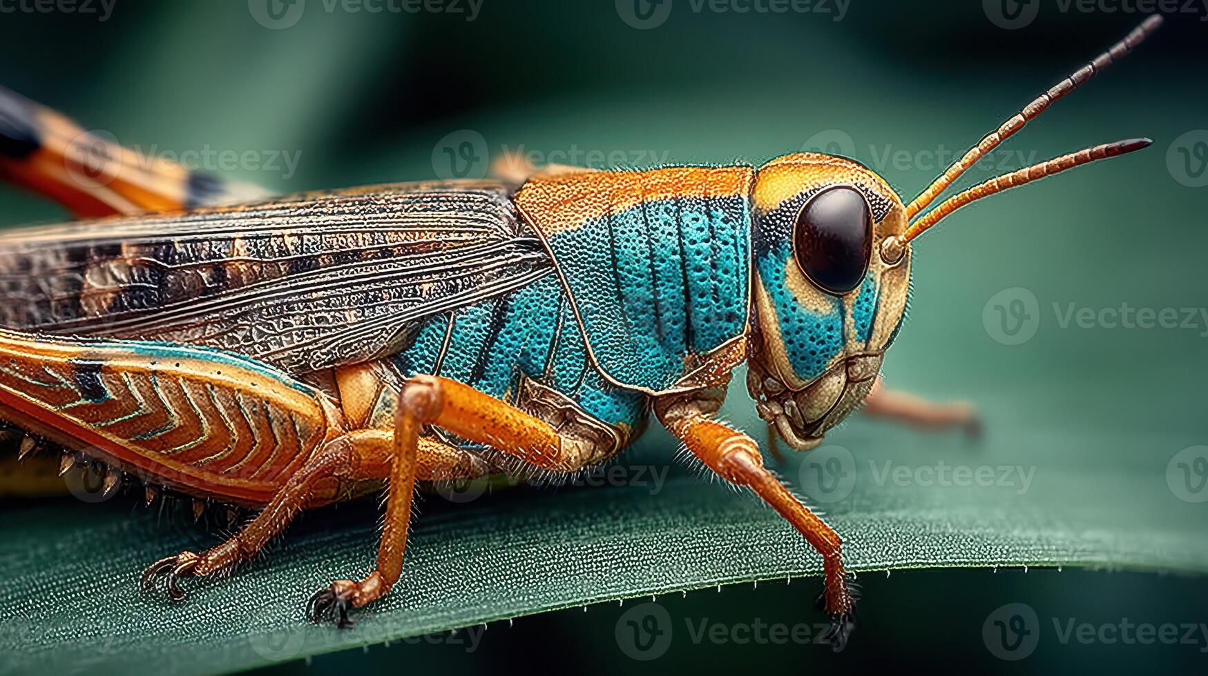 Colorful grasshopper resting on a leaf in a natural setting during daylight hours photo