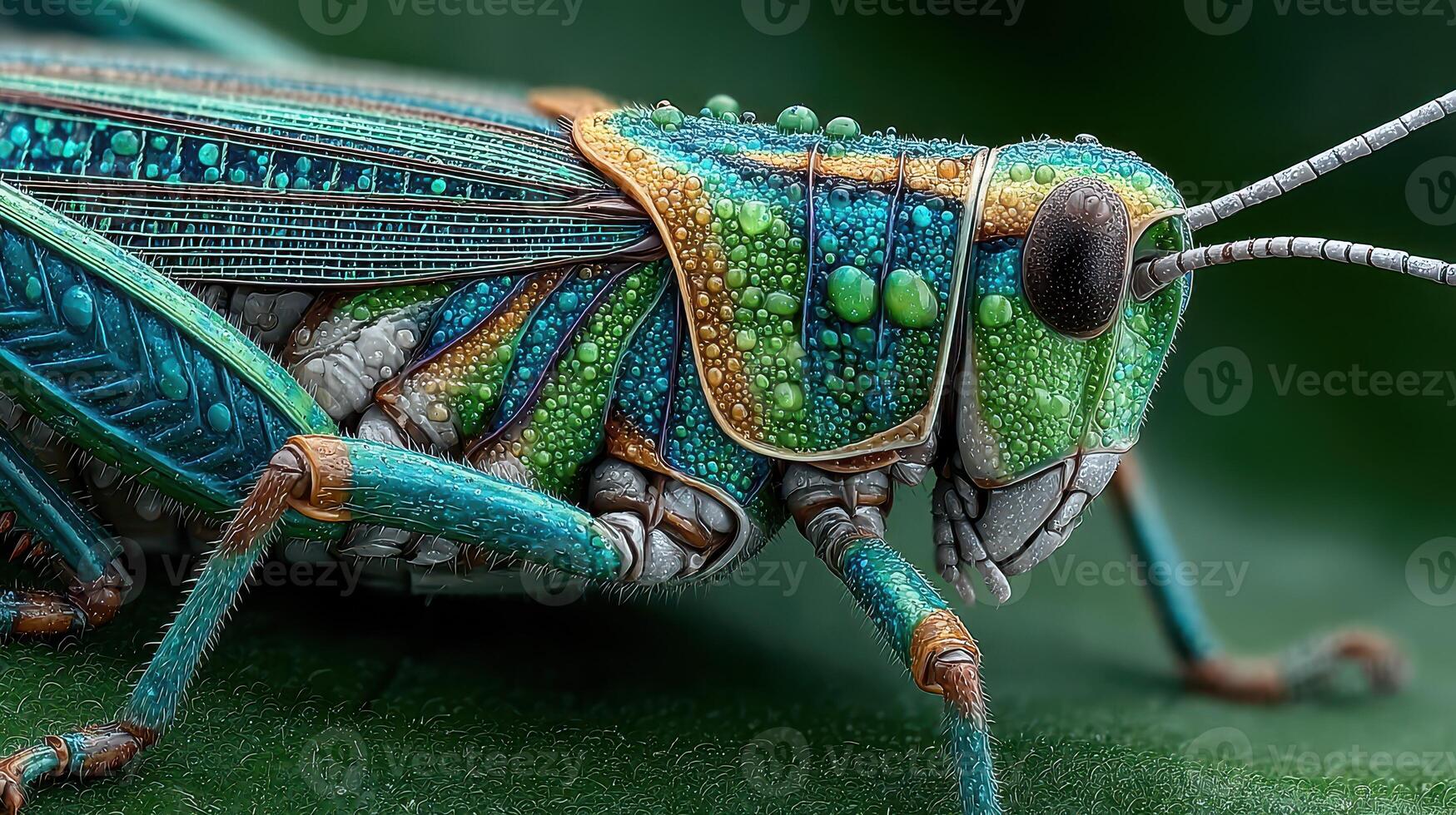Close-up view of a vibrant grasshopper resting on a green leaf in a natural setting during daylight hours photo