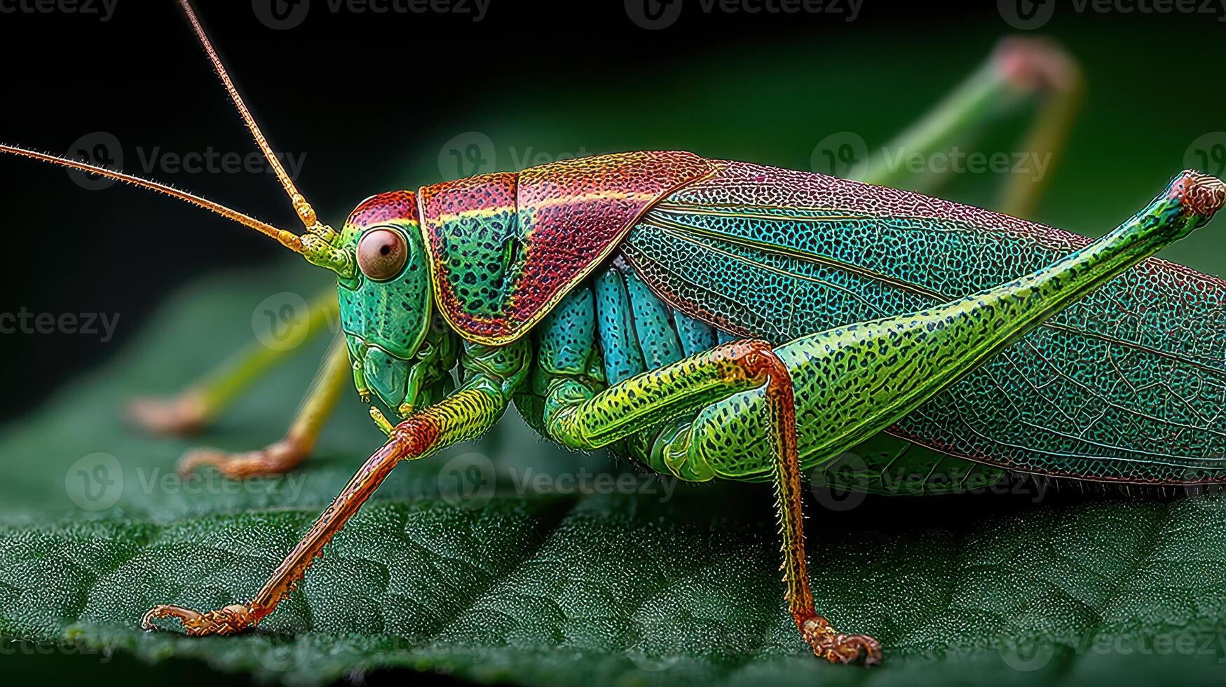 Colorful grasshopper perched on a green leaf in a lush environment during daytime photo