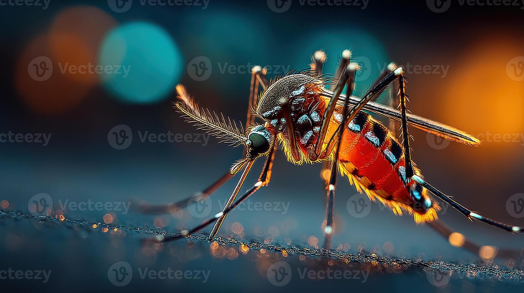 Mosquito captured in fine detail showcasing vivid colors and intricate features during nighttime in a vibrant urban setting photo