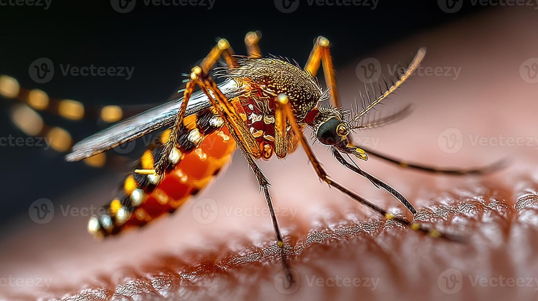Close-up view of a mosquito feeding on human skin in a natural setting at dusk photo
