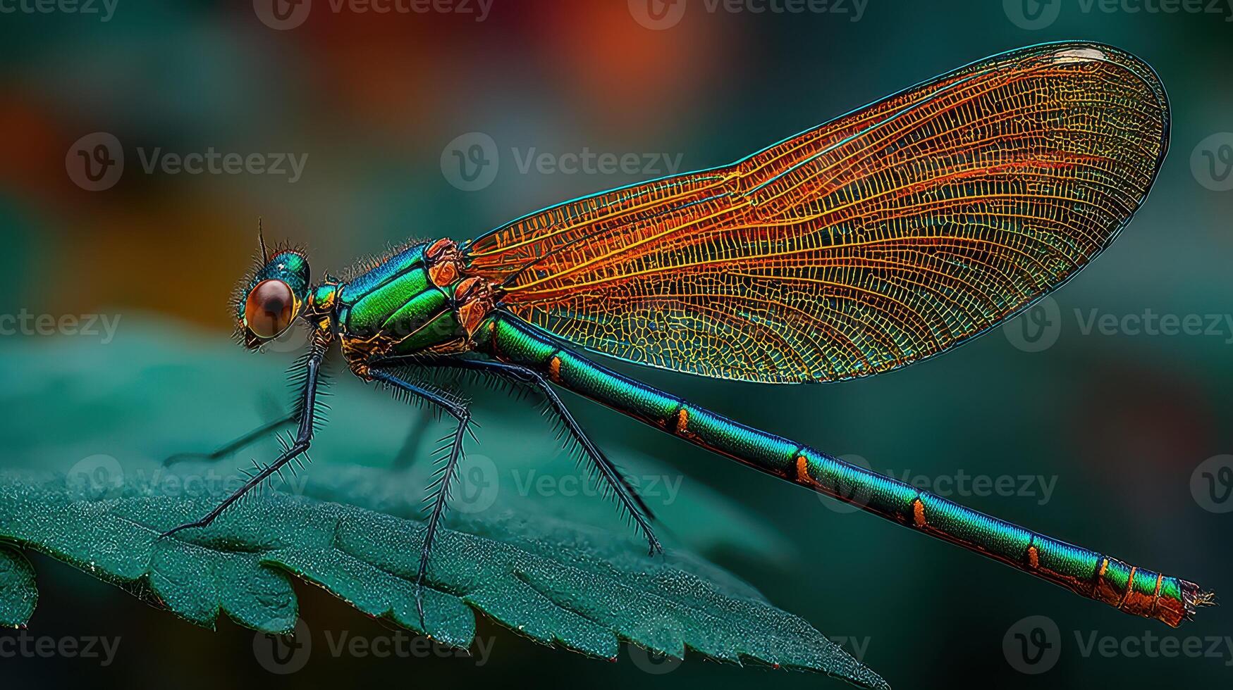 Vibrant dragonfly perched on a green leaf surrounded by blurred colorful background in a lush environment photo