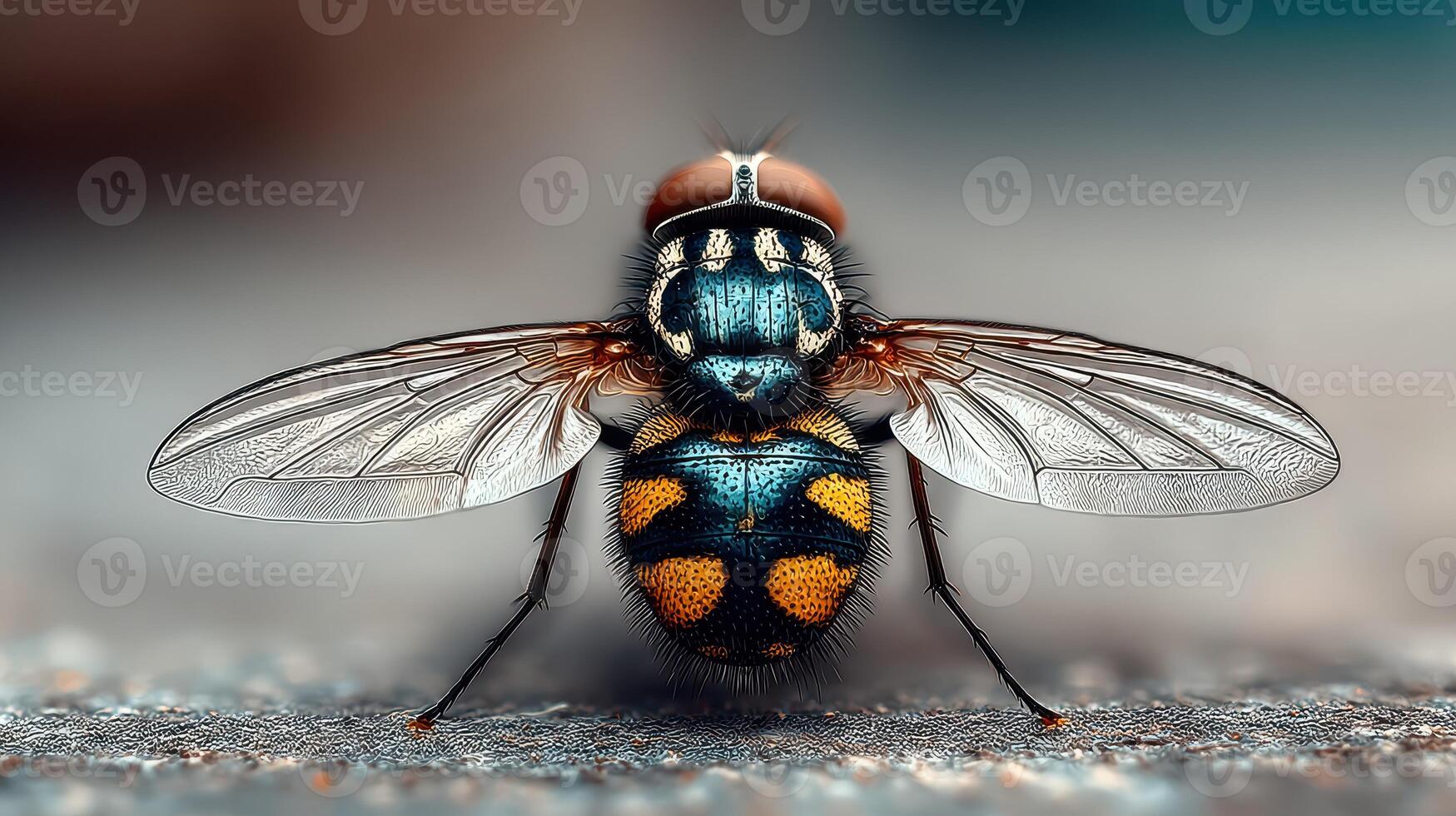 Close-up view of a colorful fly displaying intricate wing patterns on a natural background photo