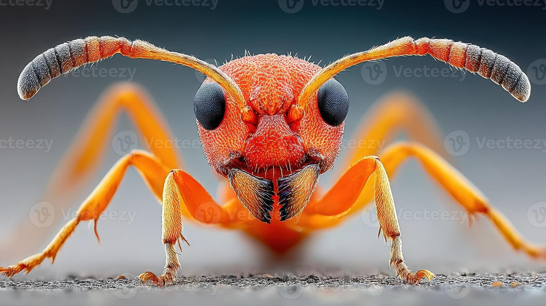Close-up view of a vibrant orange ant showcasing intricate details of its anatomy against a softly blurred backdrop photo