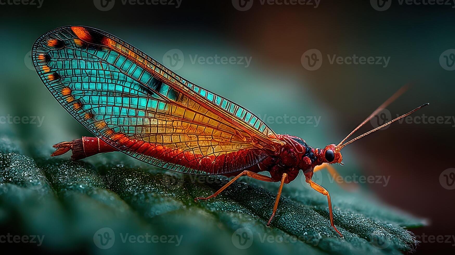 Elegant and colorful insect resting on a leaf in a lush environment during midday light photo
