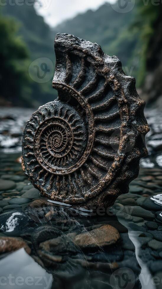 Ammonite fossil resting in shallow water surrounded by stones in a lush green valley during overcast weather photo