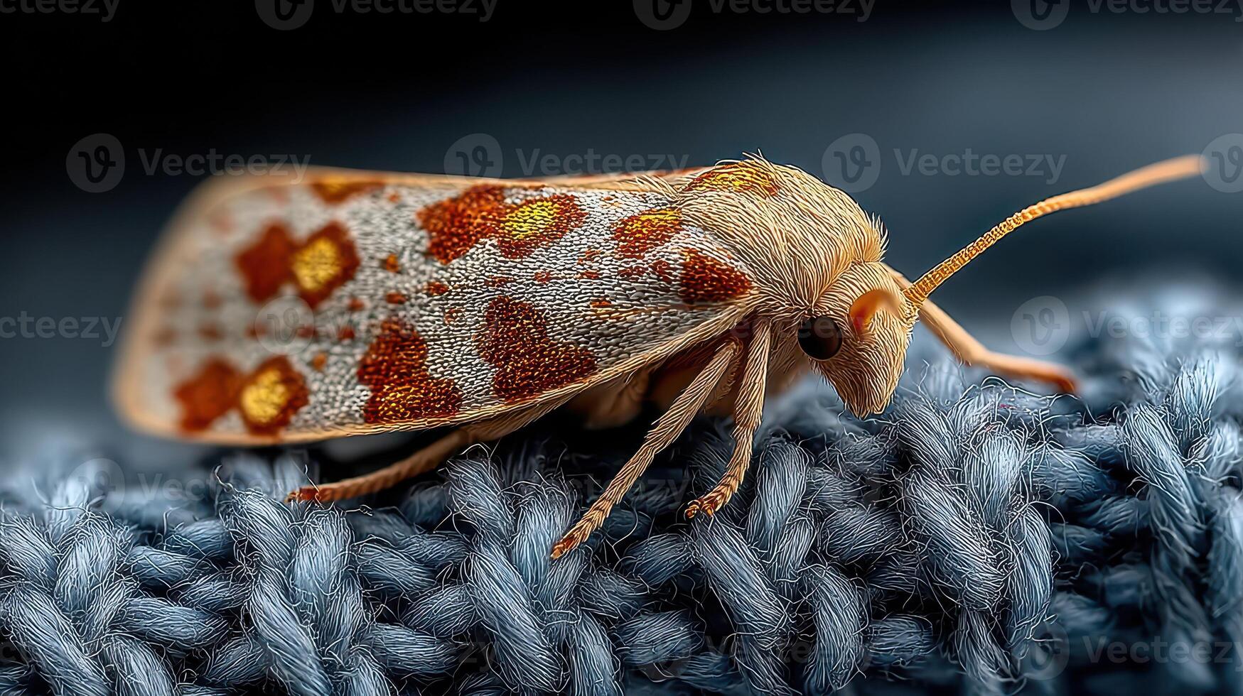 Colorful moth resting on blue fabric at close range during a warm afternoon photo