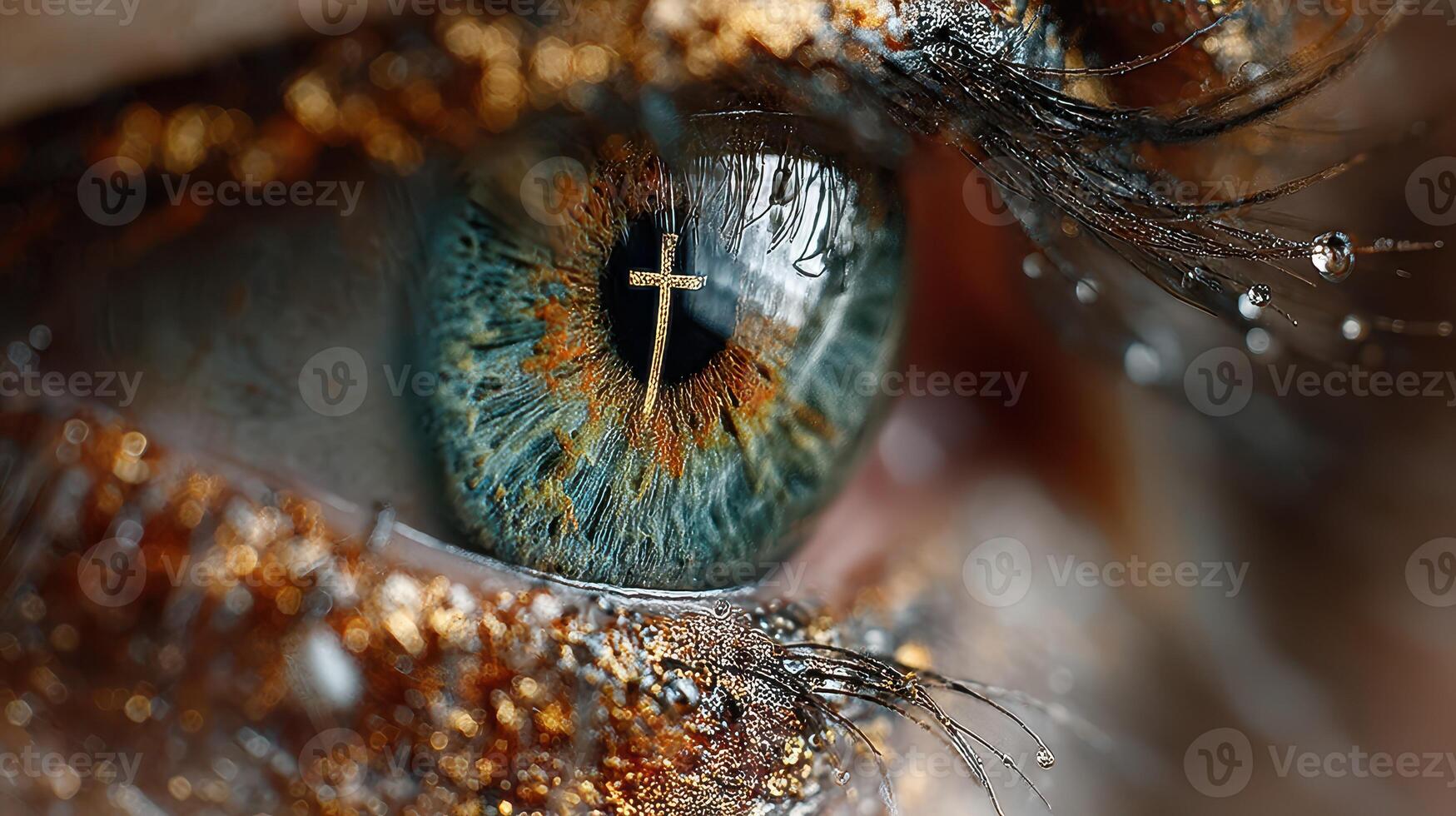 Close-up view of an eye with intricate patterns and a cross reflection in the pupil showcasing artistic makeup and vibrant colors photo