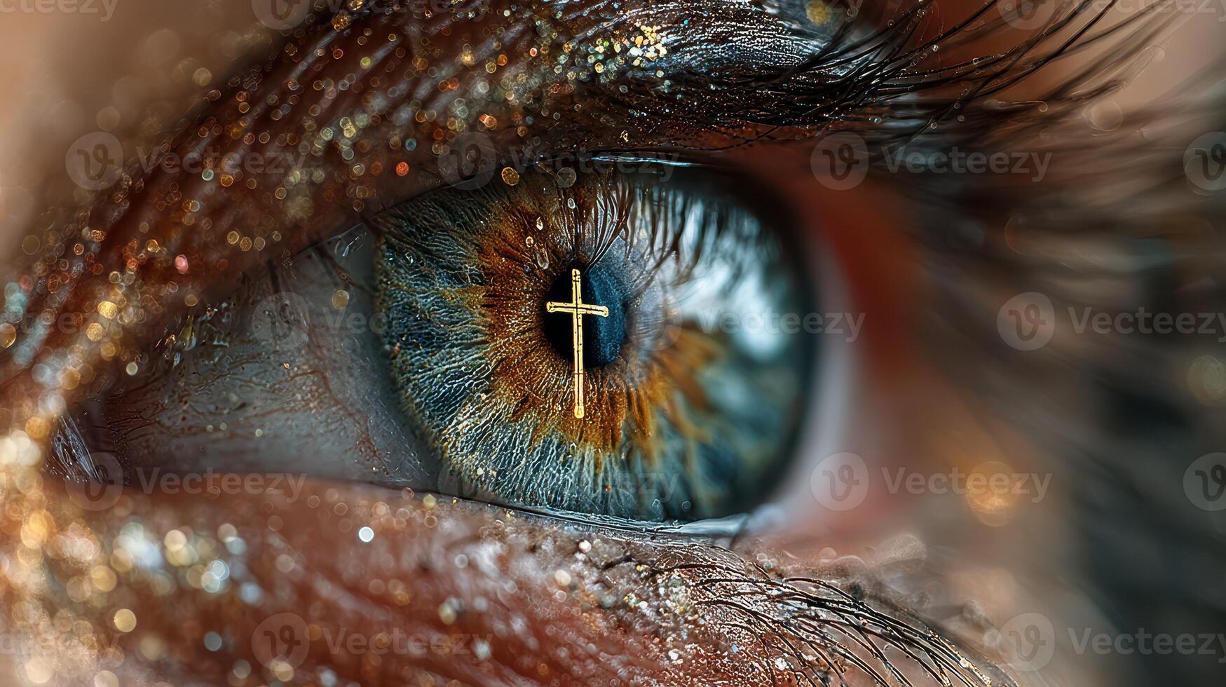 Close-up of a mesmerizing eye reflecting a cross symbol with shimmering details, showcasing deep emotion and spirituality in a vibrant setting photo