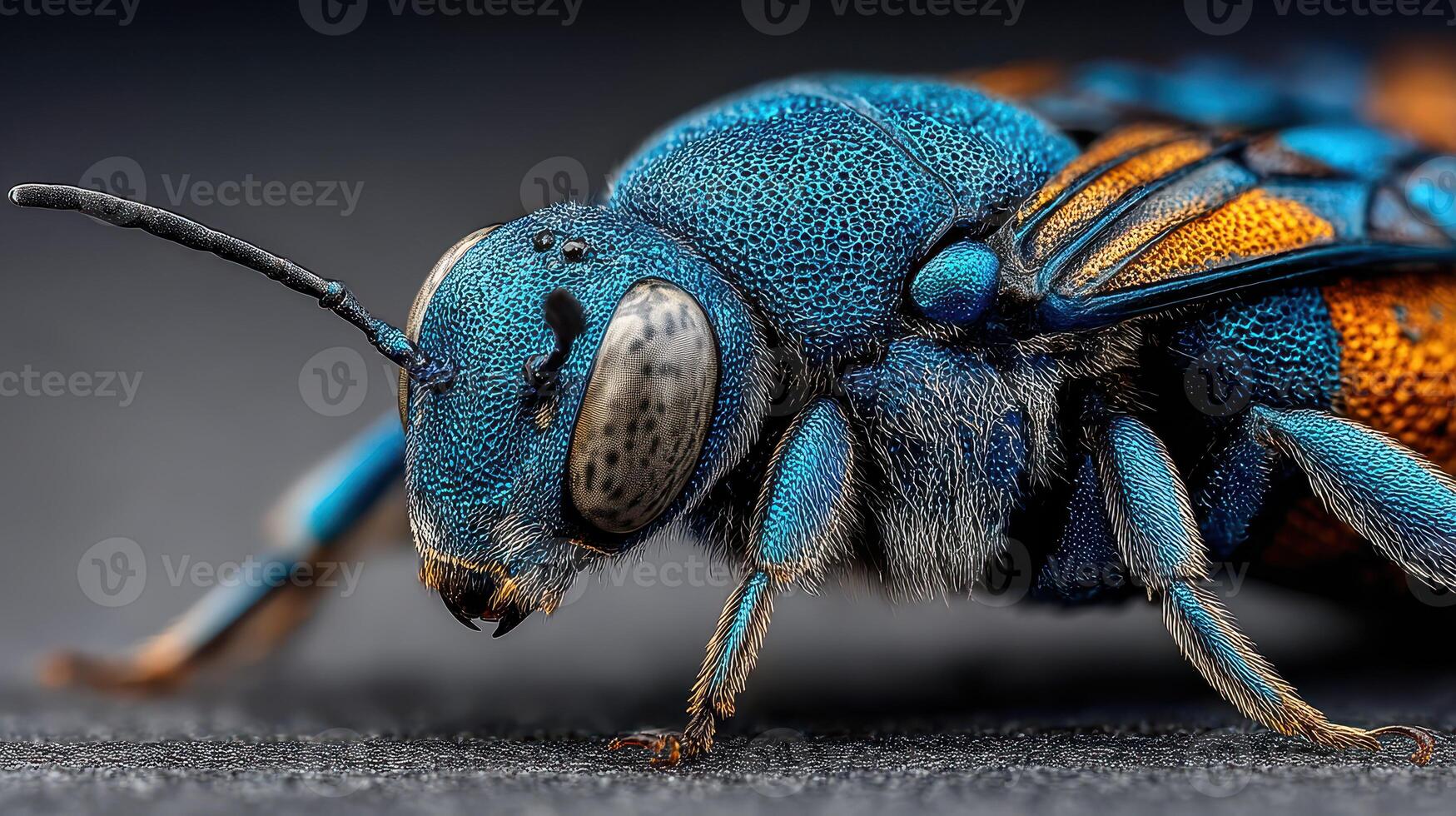 Close-up view of a vibrant blue and orange insect showcasing intricate details and textures in natural environment photo