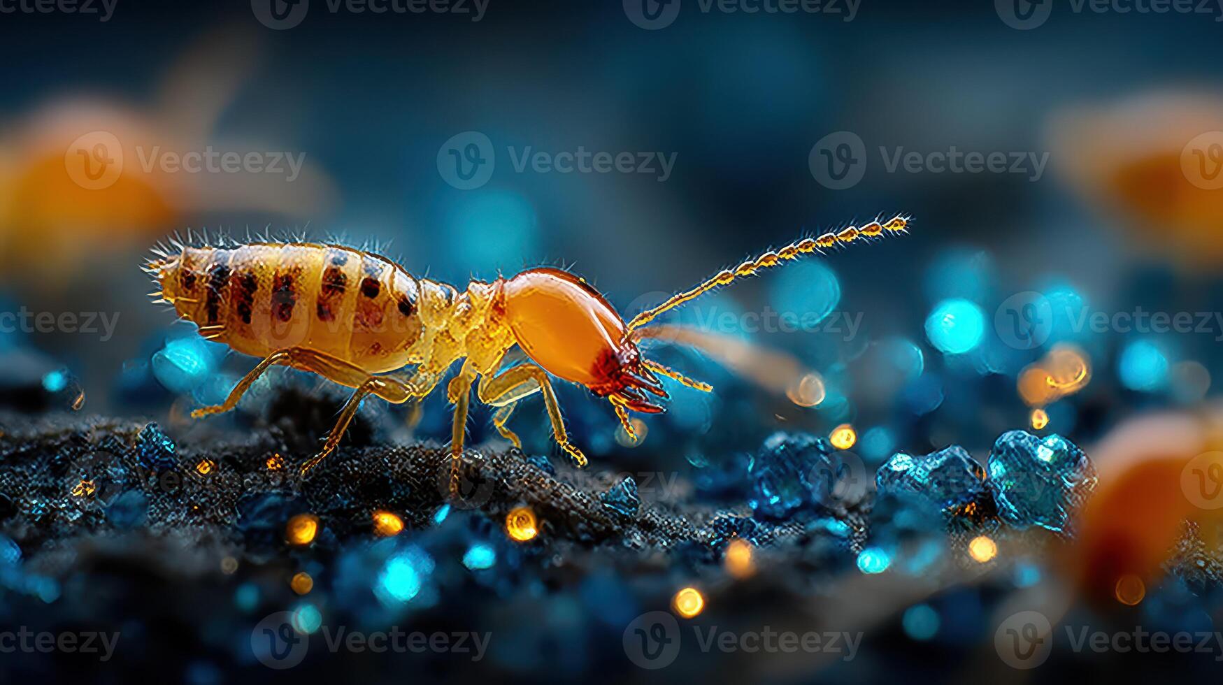 Close-up view of an insect exploring a sparkling surface during nighttime in a natural setting photo