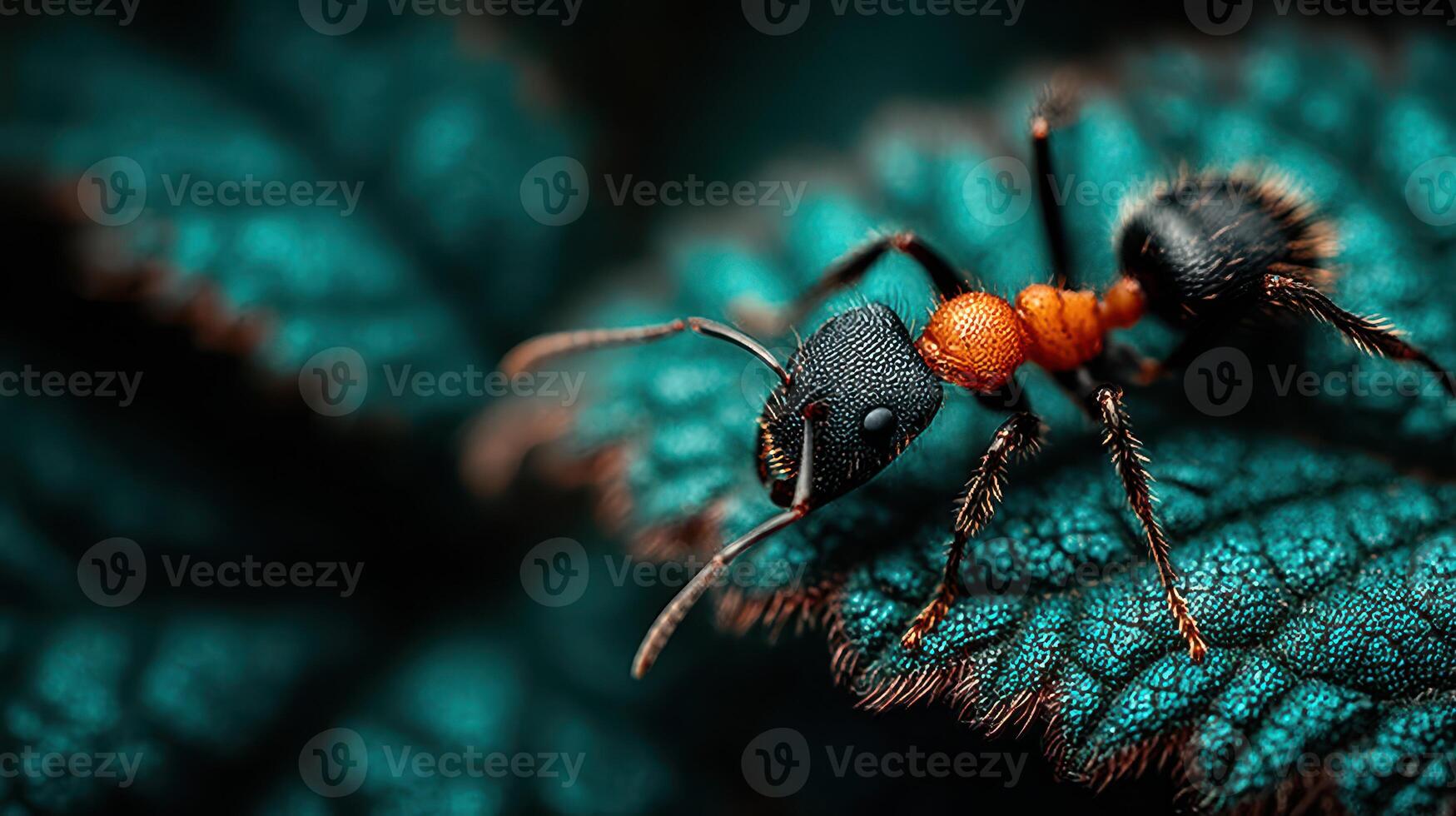 Close-up view of an ant foraging on a vibrant green leaf in a natural setting during daylight hours photo