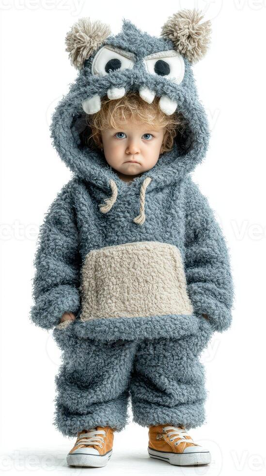 Little child in playful monster costume standing confidently in front of a plain background during daytime photo