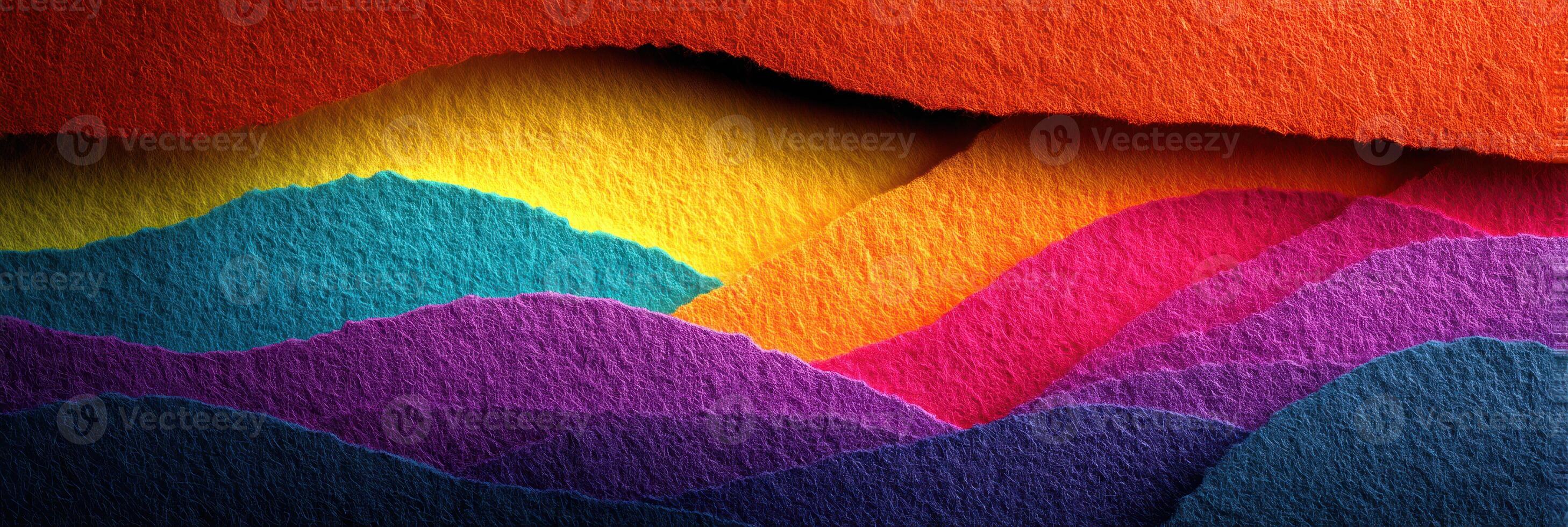 Colorful layered paper art showcasing a vibrant landscape of hills and valleys during sunset photo