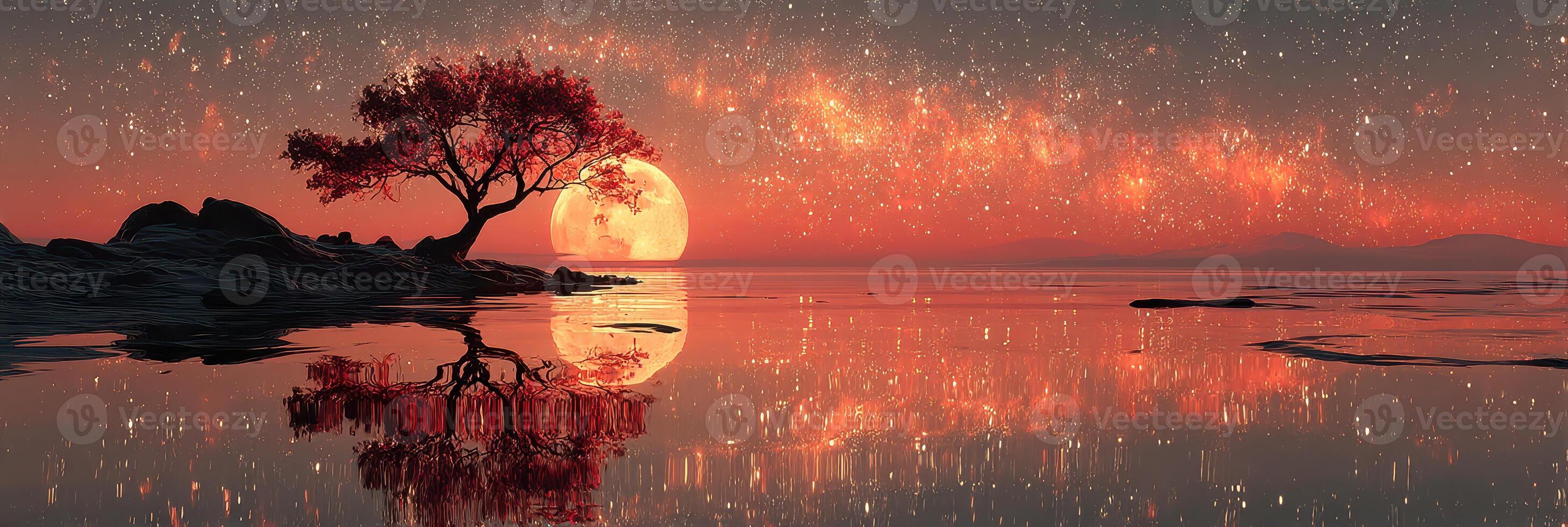 Stunning night sky with moon and tree reflected in calm waters under starry backdrop photo