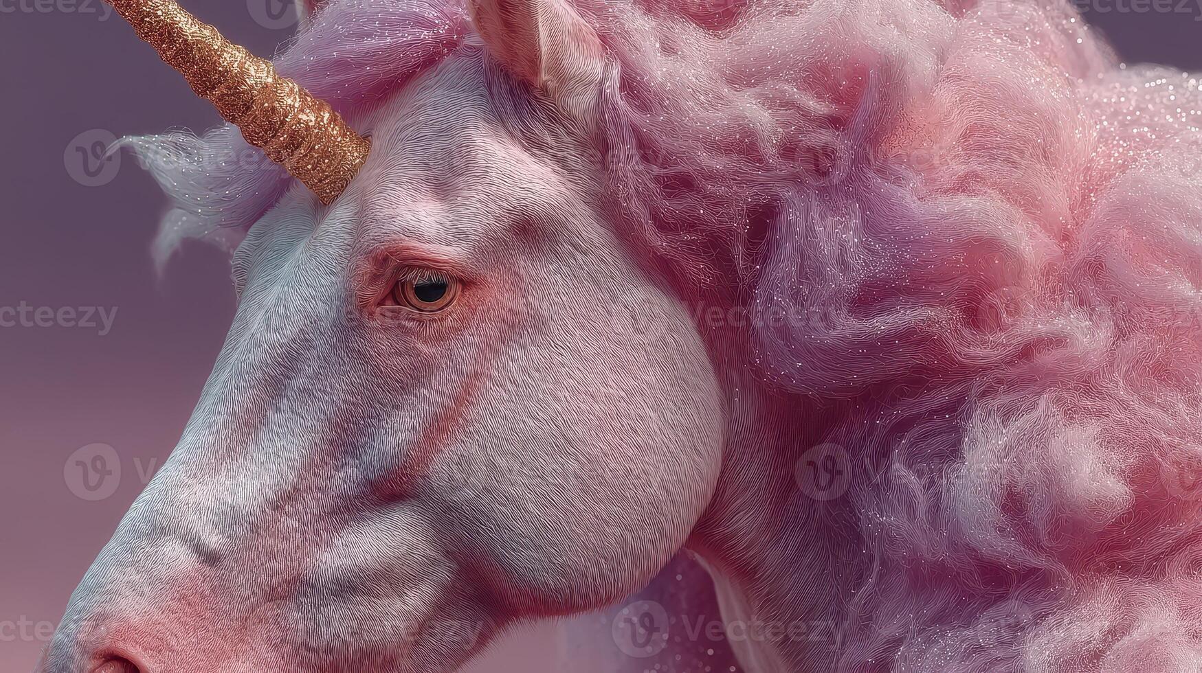 Captivating close-up of a unicorn with shimmering pink mane and golden horn in a whimsical fantasy setting photo