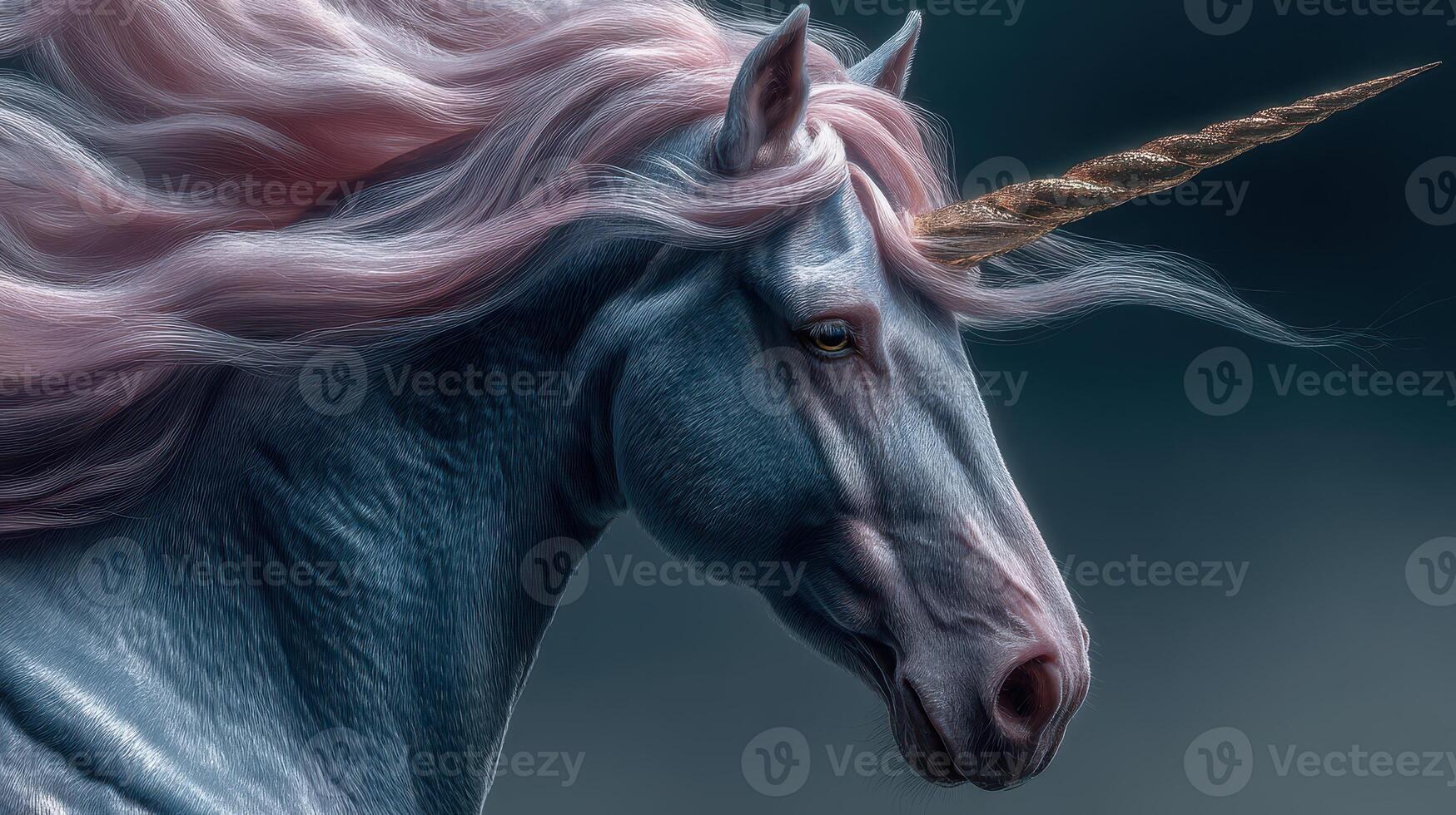 Fantasy unicorn with flowing mane stands majestically against a dark background during twilight hours photo