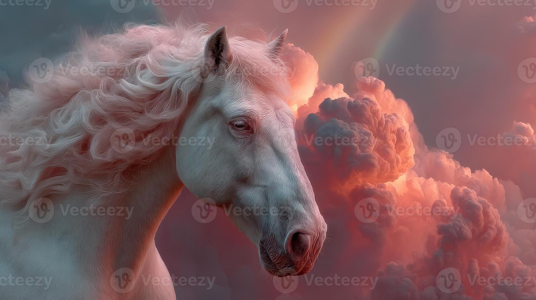 Majestic white horse gazes against a backdrop of pink and purple clouds during twilight photo