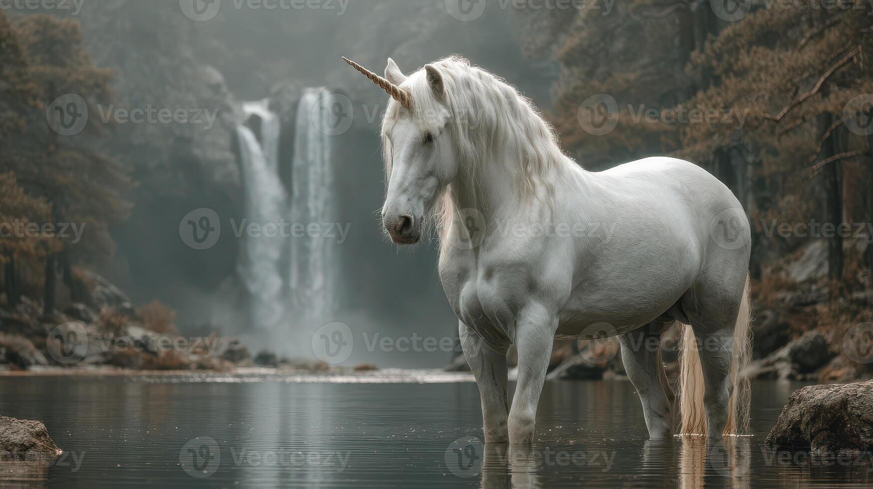 Stunning unicorn stands gracefully in serene waters near a majestic waterfall surrounded by lush greenery photo