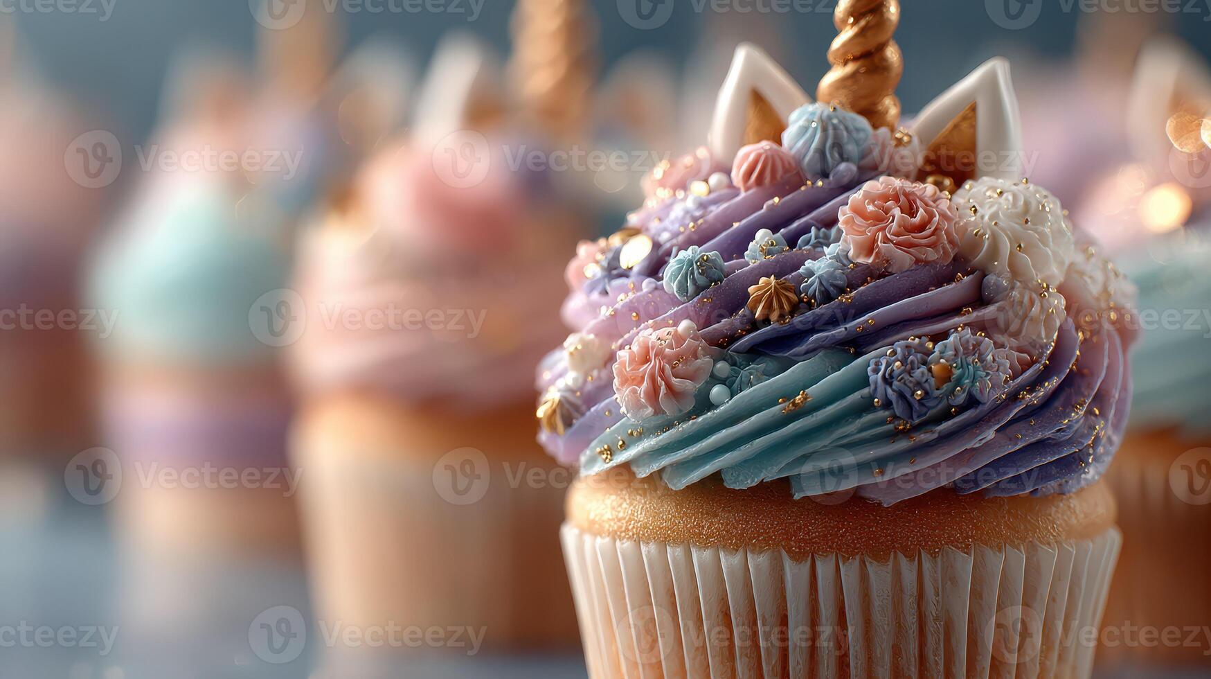 Colorful unicorn cupcakes with intricate frosting design and golden decoration at a dessert display photo