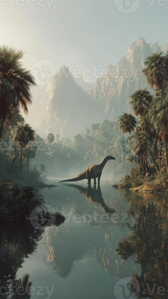 Dinosaur stands by a serene river surrounded by lush palm trees and majestic mountains during early morning mist photo