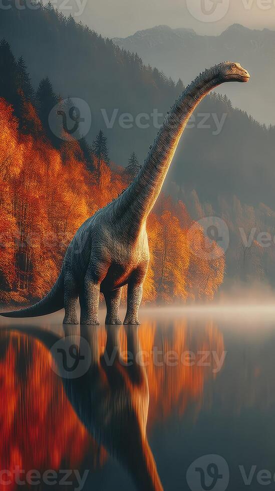 Massive dinosaur stands by serene lake surrounded by autumn trees during early morning light photo
