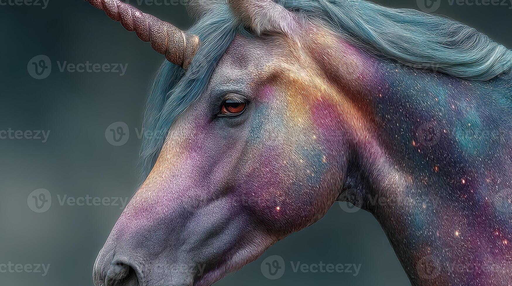 Colorful unicorn head with galaxy pattern in a mystical forest setting during twilight hours photo