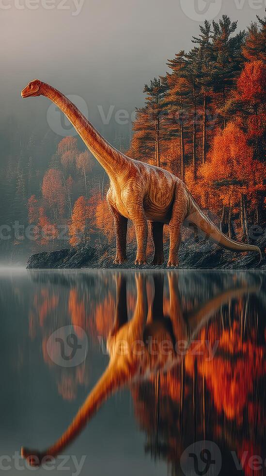 Dinosaur wades in reflective water surrounded by autumn foliage at dawn photo