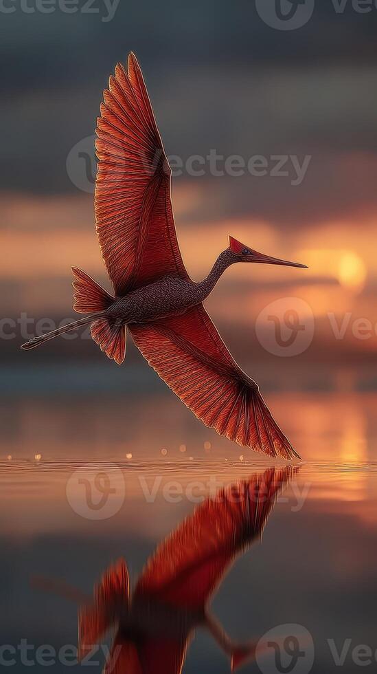 Elegant bird gliding above calm water during sunset with striking red plumage and reflection in serene ambiance photo
