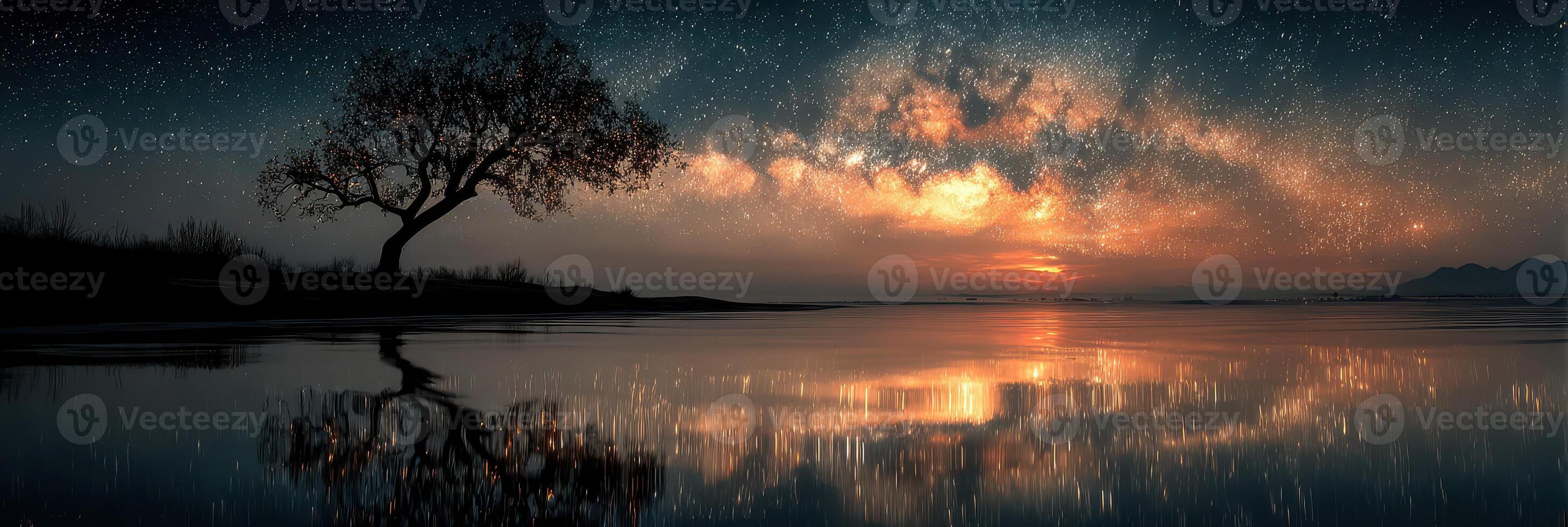 Starlit night over tranquil water reflects the beauty of the Milky Way and solitary tree photo