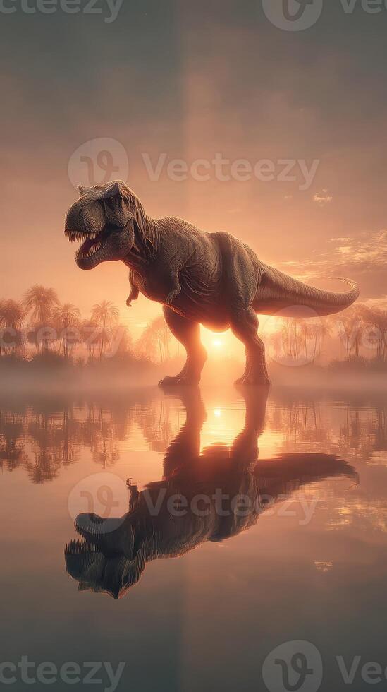 Dinosaur stands in calm waters at sunset with vibrant reflections in prehistoric landscape photo
