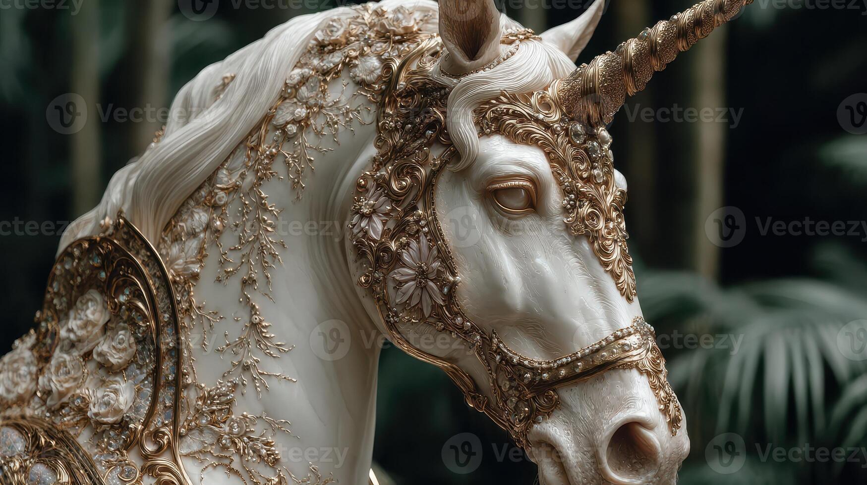 Detailed sculpture of a unicorn adorned with intricate golden decorations set against a lush natural background photo