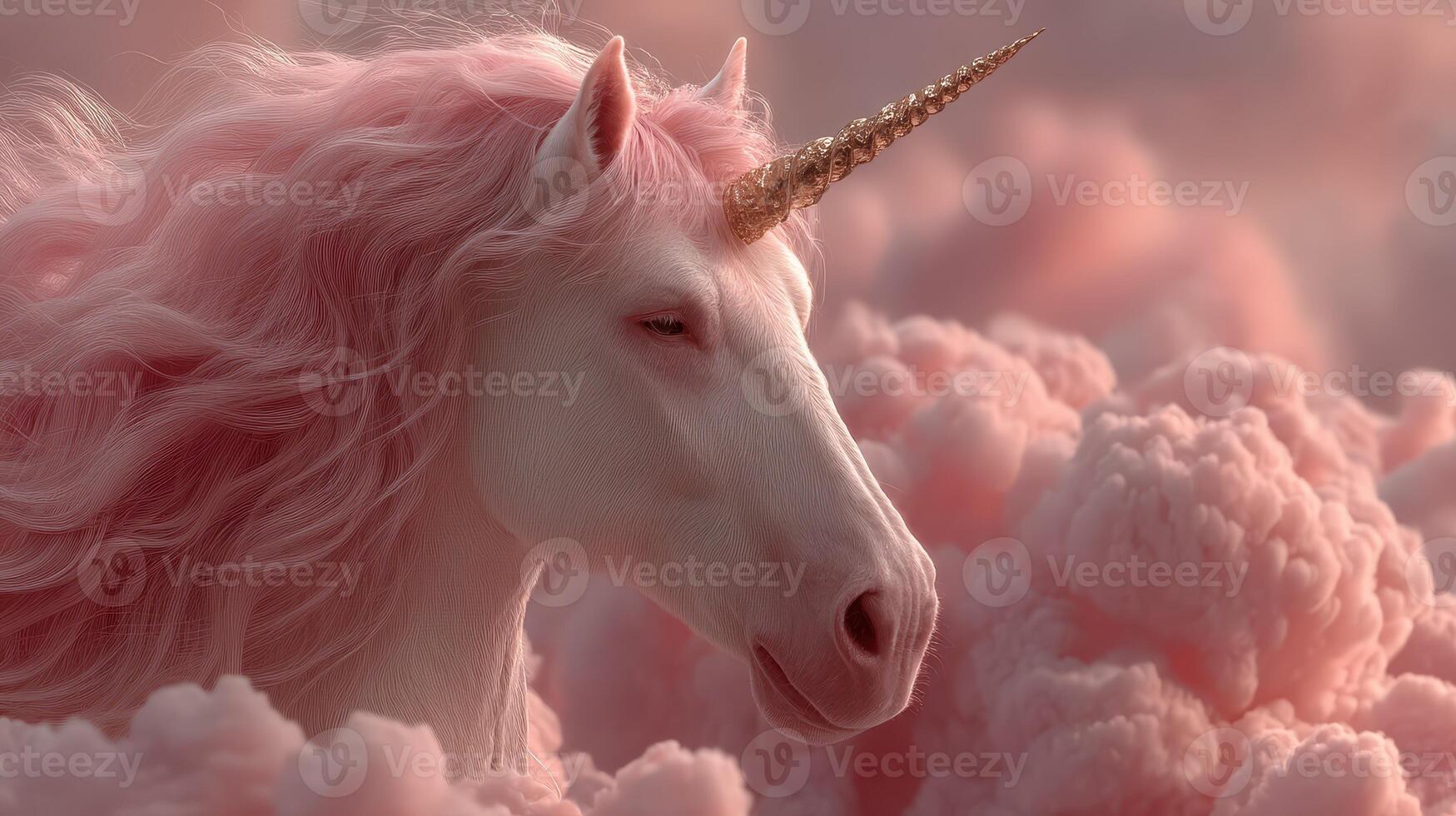 Soft pink clouds surround a majestic unicorn with a shimmering golden horn at sunset in a fantasy landscape photo