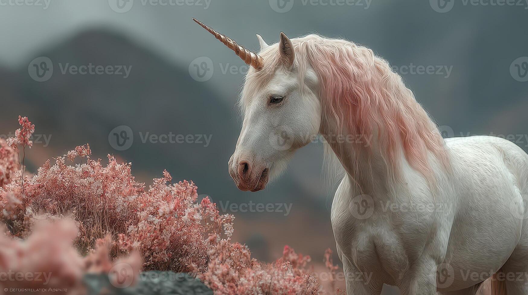 Magical unicorn in a serene landscape with pink flowers and misty mountains in the background during twilight photo