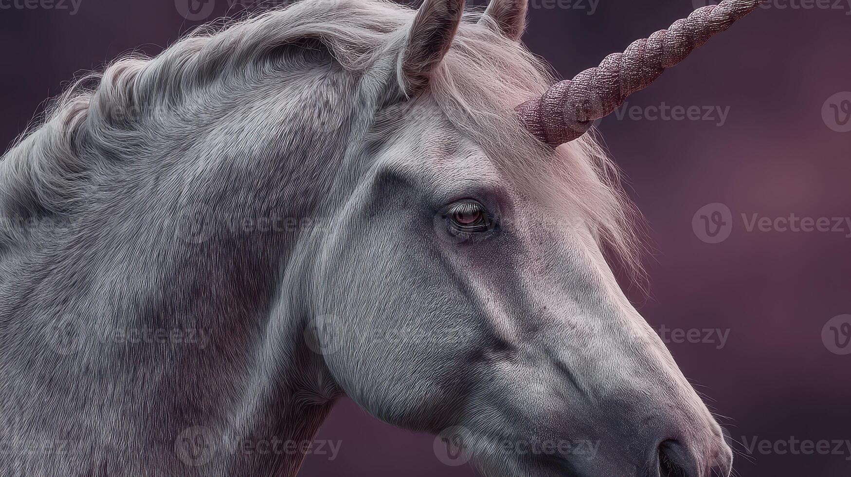 Majestic gray unicorn with a spiraled horn posing against a softly blurred purple background during twilight photo