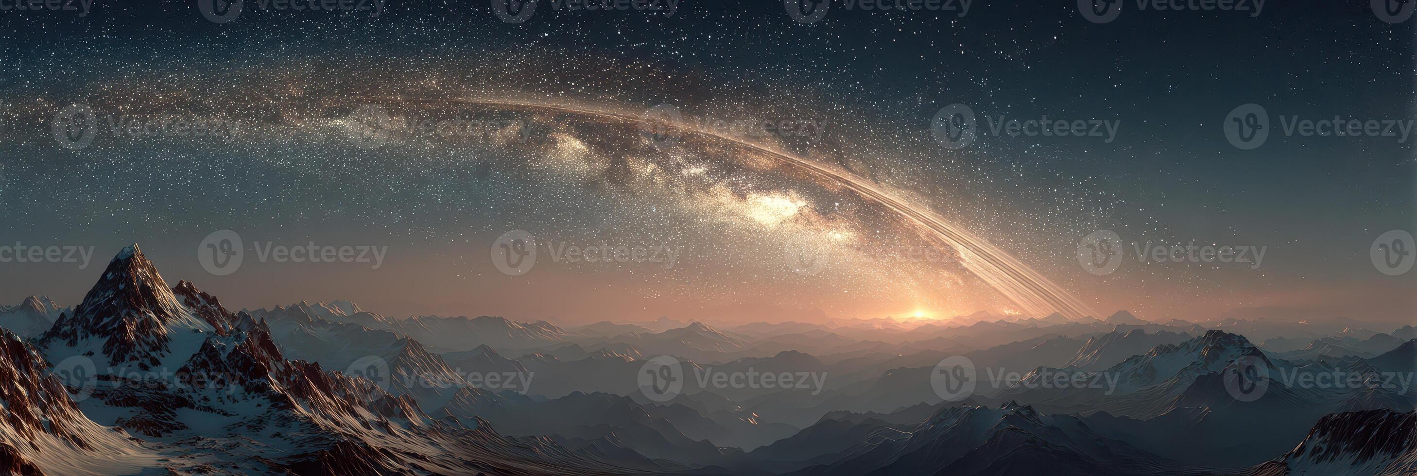 Breathtaking view of the Milky Way over majestic mountains at dawn in a remote location photo