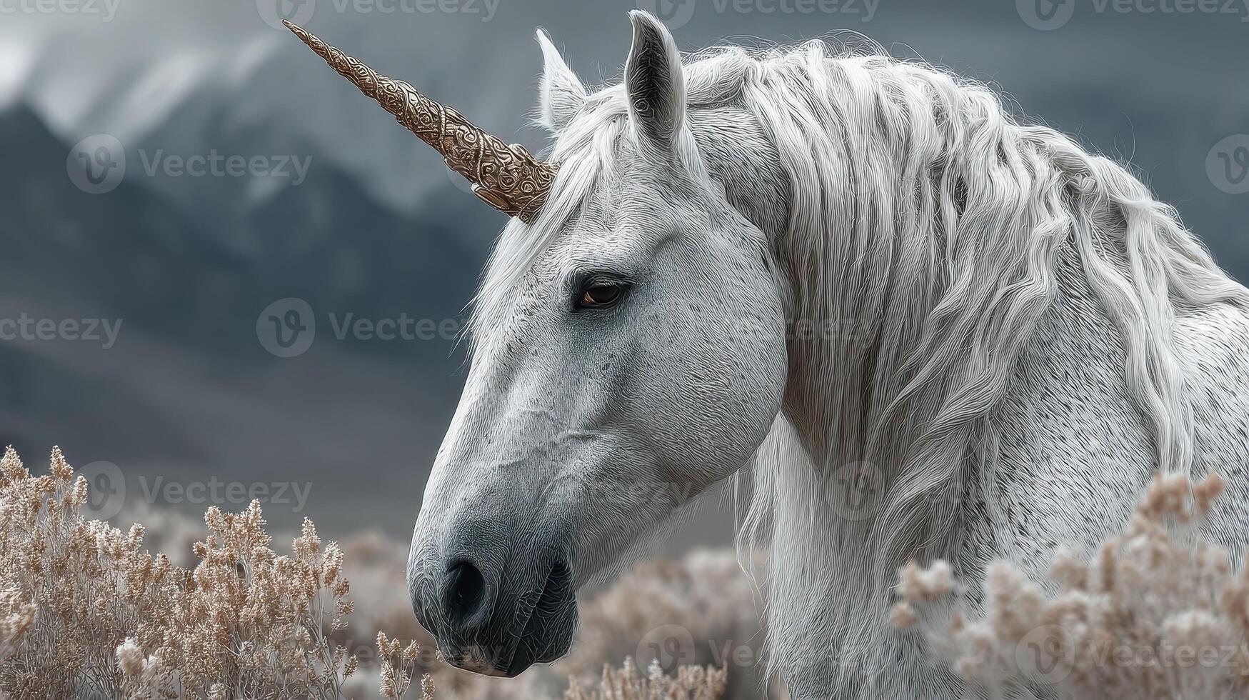 Majestic white unicorn with a golden horn in a serene mountain landscape during twilight hours photo