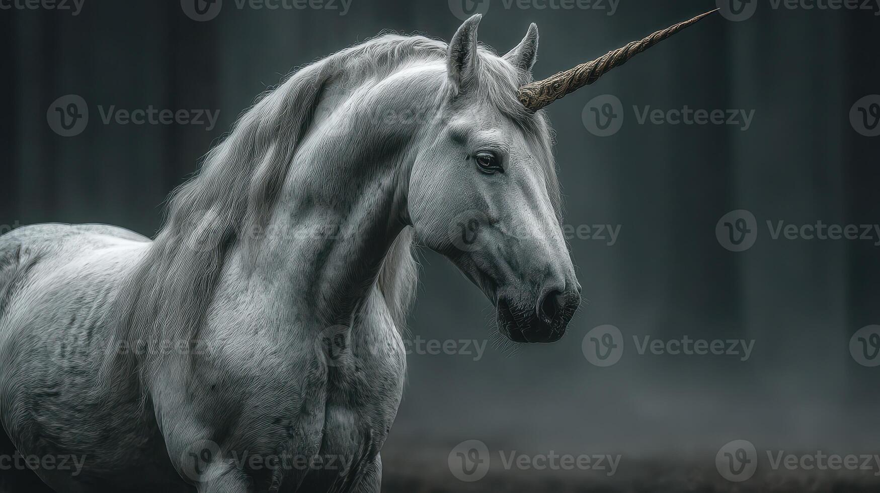 Mystical unicorn standing proudly in a foggy forest setting during twilight hours photo