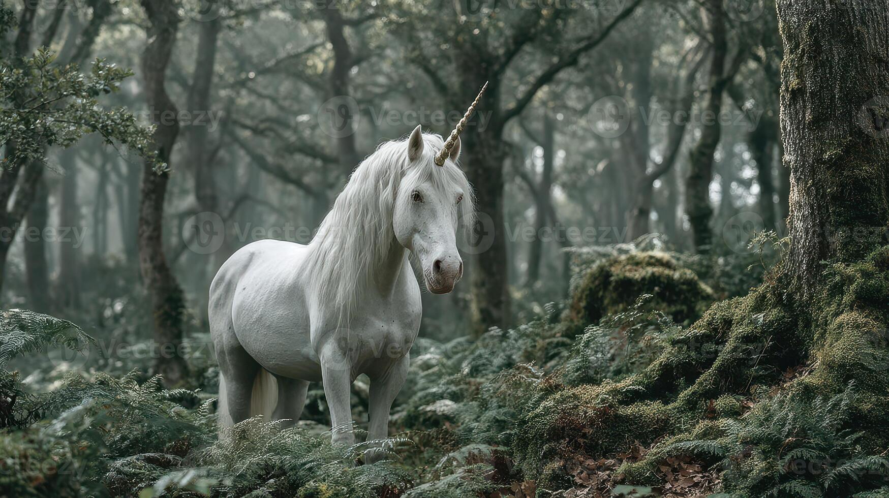 Majestic white unicorn standing in a mystical forest surrounded by lush greenery and ancient trees during misty morning light photo