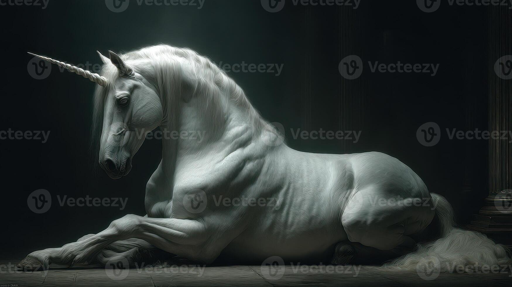 Majestic white unicorn resting in a dimly lit chamber with elegant architectural details photo