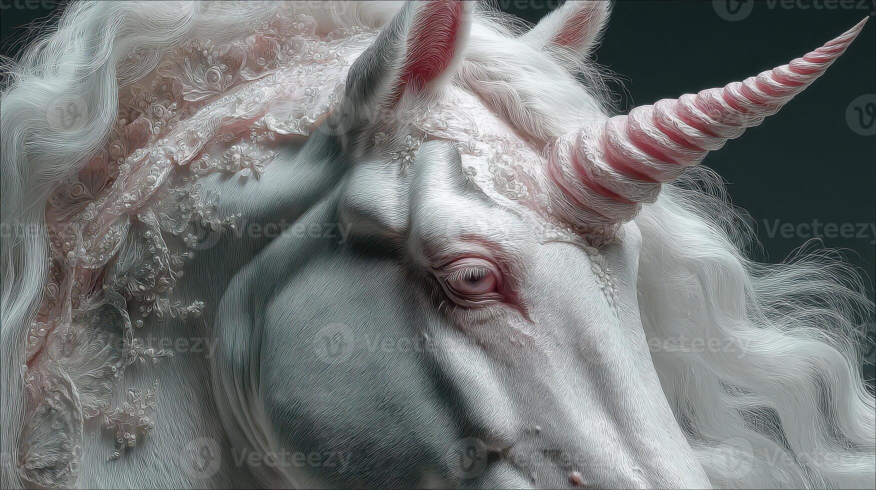 Intricate close-up of an ethereal unicorn with delicate features and flowing mane in a surreal artistic representation photo