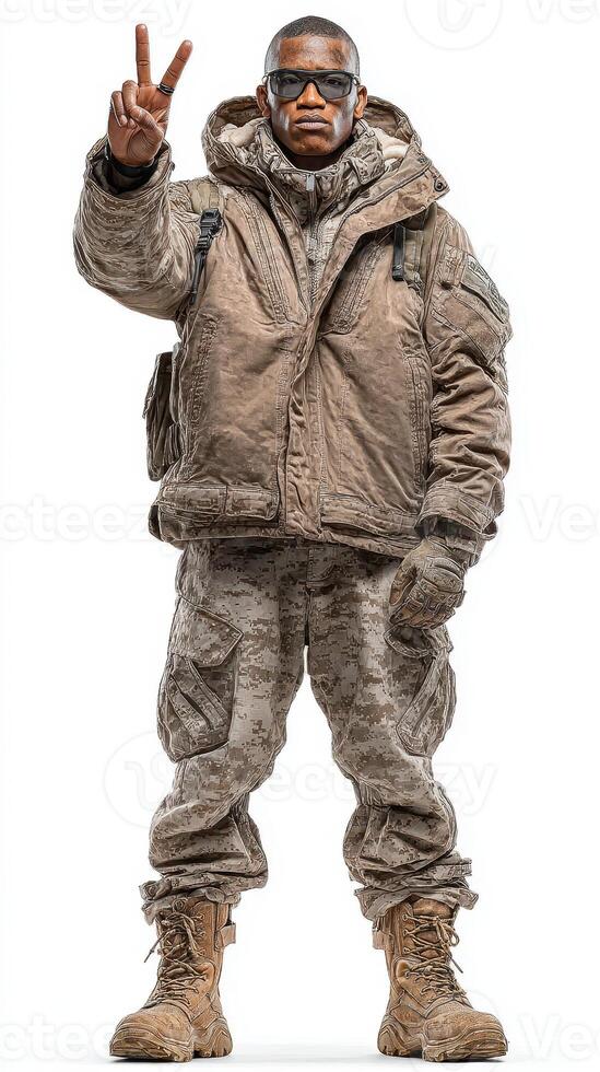 Military personnel stands confidently in tactical gear, symbolizing peace with a gesture in a studio setting photo