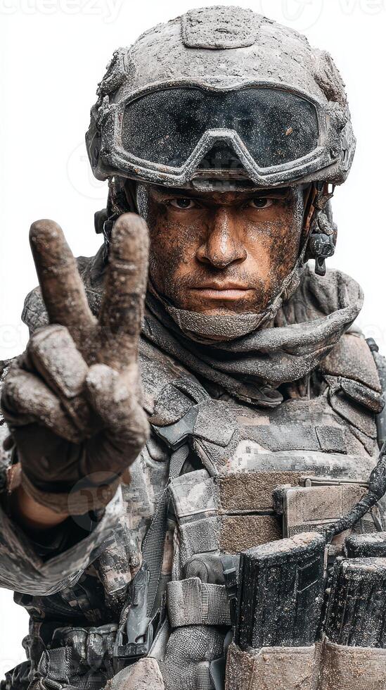 Soldier demonstrating peace sign after a successful mission in a dusty environment during daytime photo