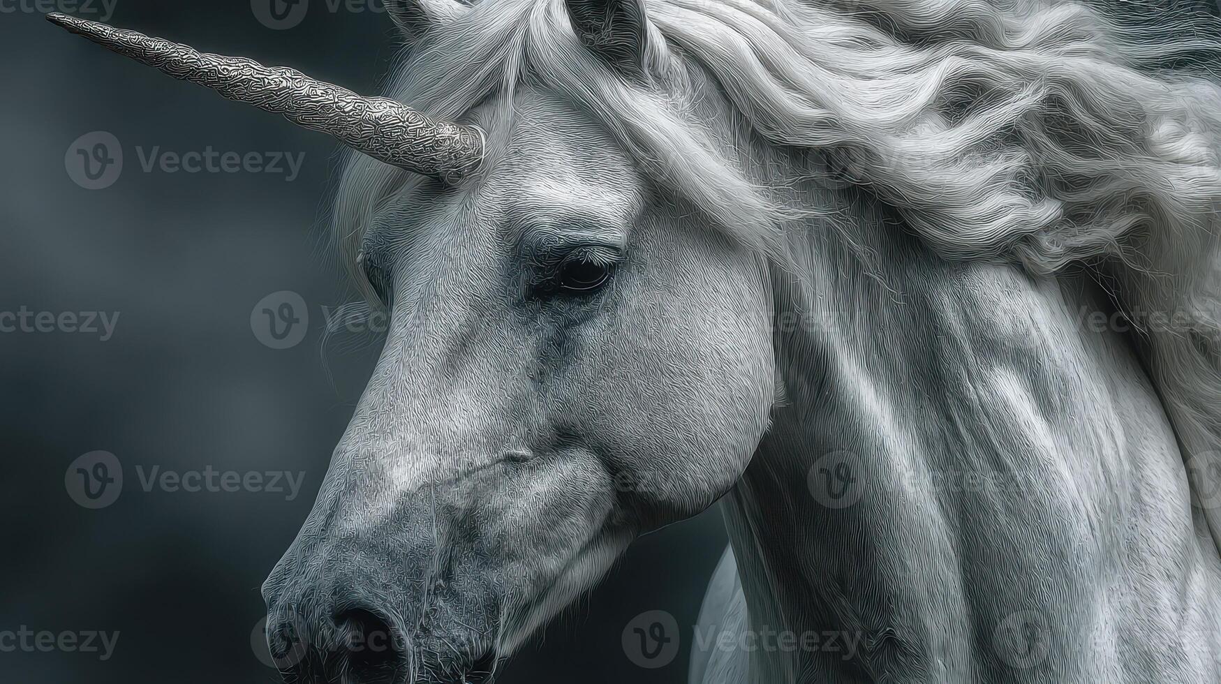 Majestic white unicorn with a shimmering horn captured in enchanting monochrome photo