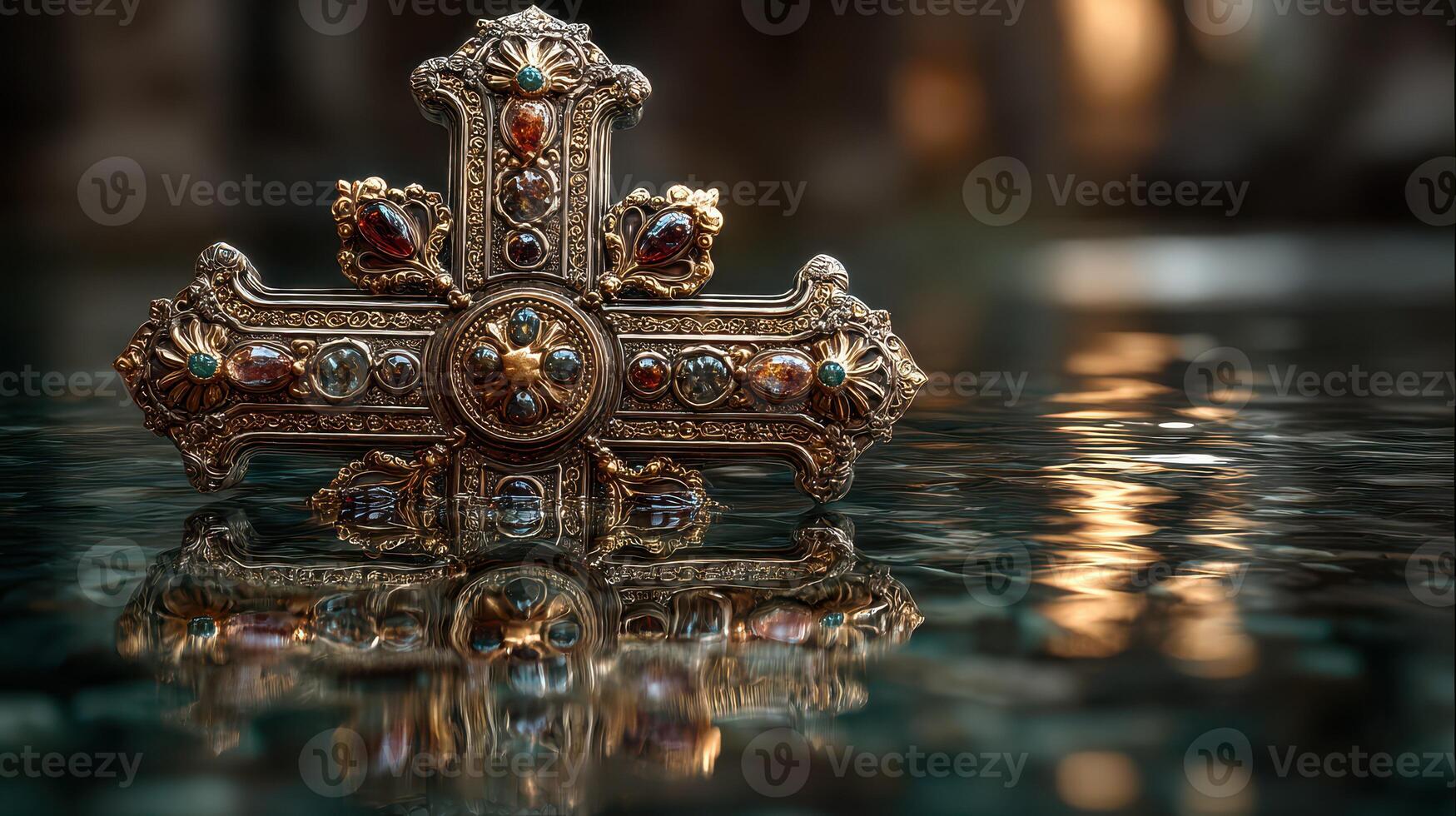 Intricate religious cross rests on calm water, reflecting ornate details and shimmering lights during golden hour photo
