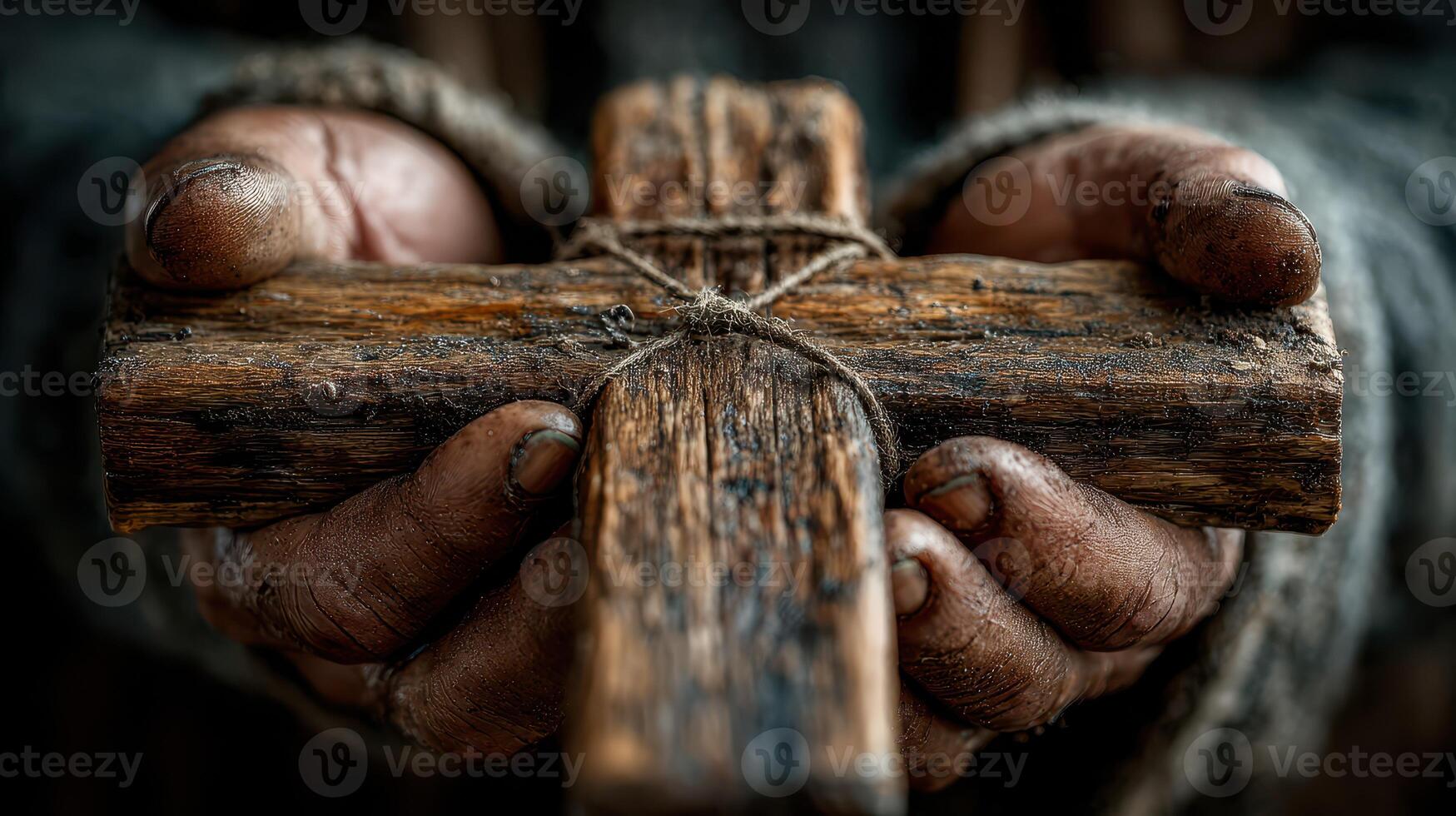 Wooden cross held by weathered hands in a moment of faith and reflection during a momentous occasion photo