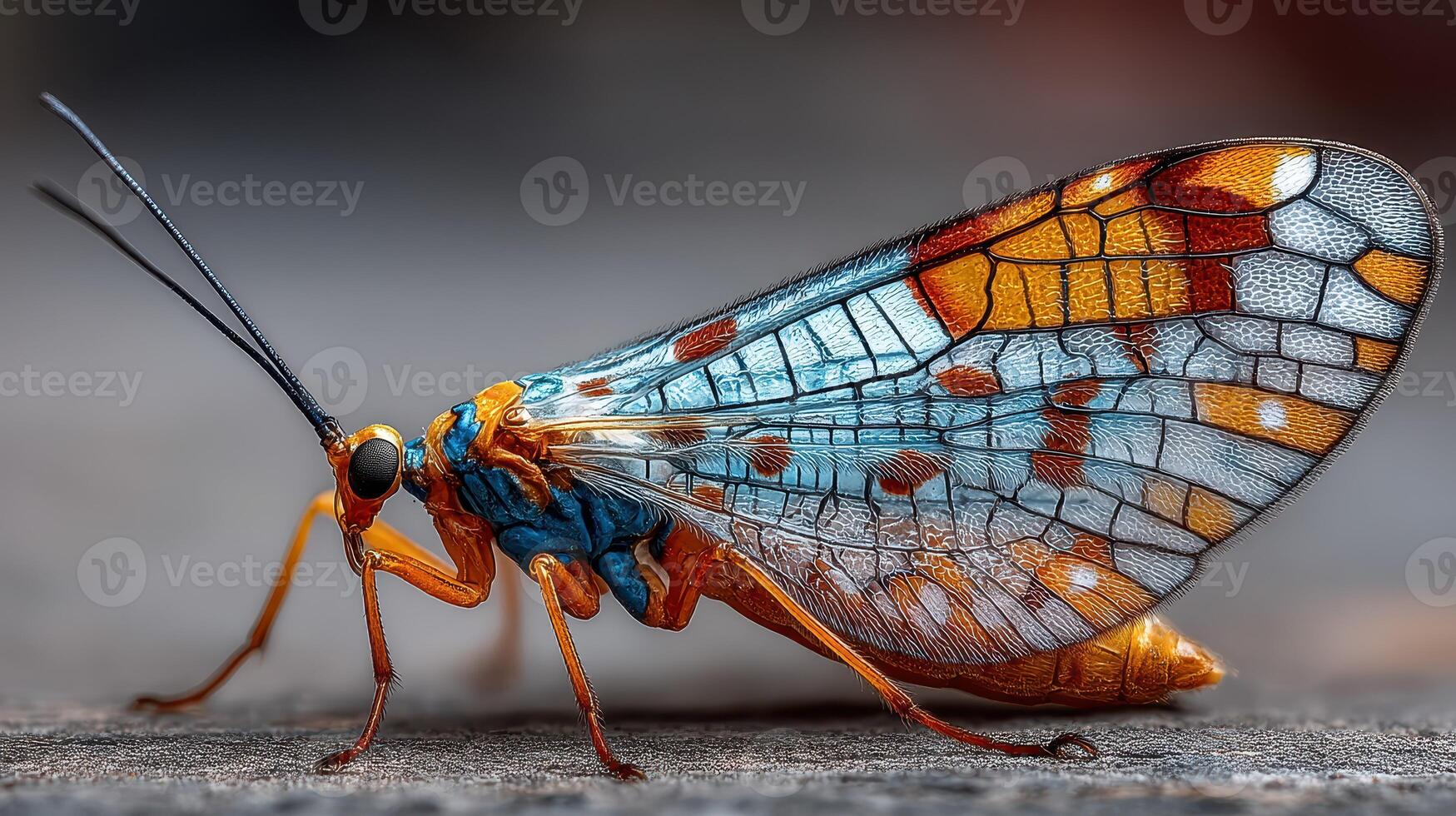 Close-up view of a colorful insect perched on a surface showcasing intricate patterns and vibrant colors in natural light photo
